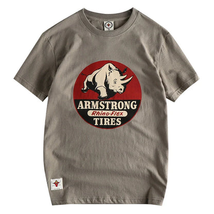 Summer New American Retro Short-sleeved O-neck Rhino Printed T-shirt Men's Fashion Simple 100% Cotton Washed Casual Sport Tops