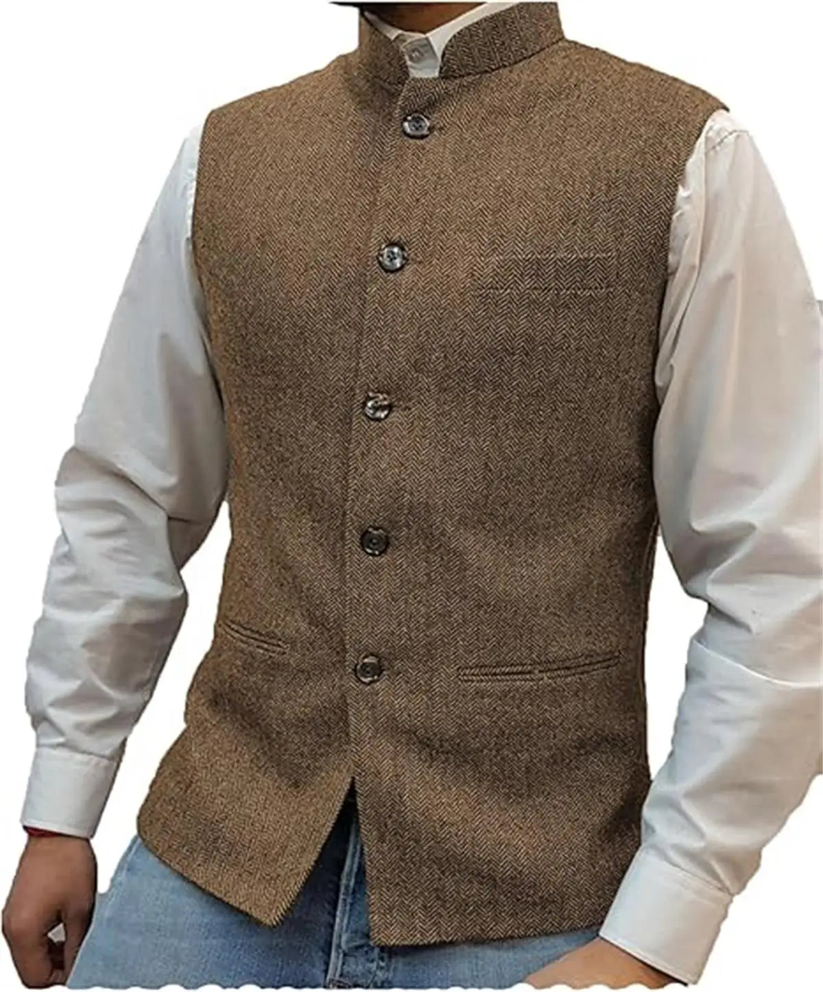 Mens Suit Tweed Vest Stand Collar Single Breasted Herringbone Sleeveless Waistcoat Casual Business Wedding Party Outerwear Gilet