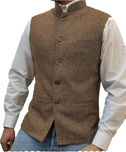 Mens Suit Tweed Vest Stand Collar Single Breasted Herringbone Sleeveless Waistcoat Casual Business Wedding Party Outerwear Gilet