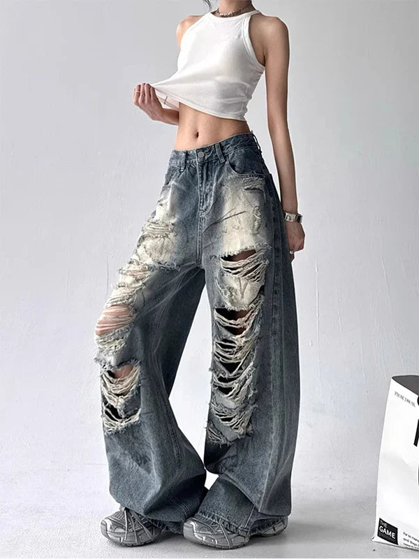 American Sle Trendy Girl Destroyed Denim Jeans Women Loose Wide Leg Straight Cut Floor-Length Pants High Waist Casual Jeans
