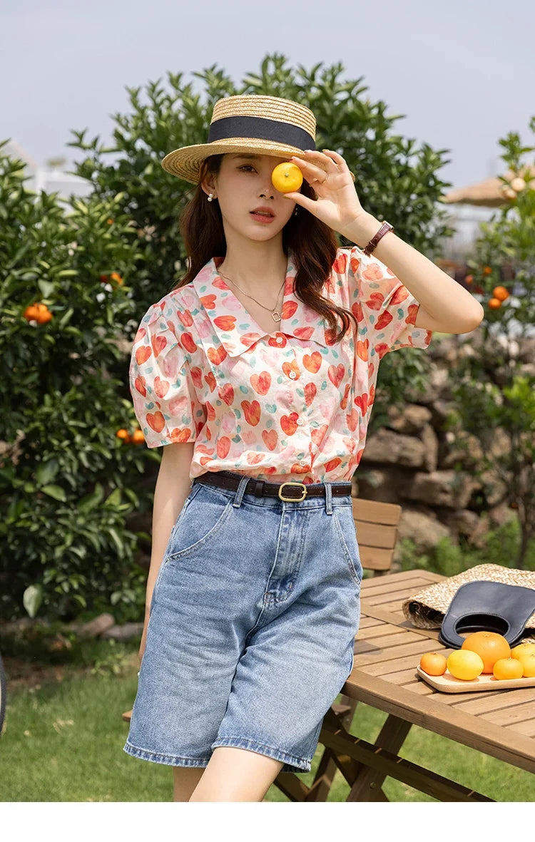 Korean Chic Fashion Women Stylish Blouses Summer French Sweet Retro Floral Polo-neck Puff Sleeves Tops MXB27C0450