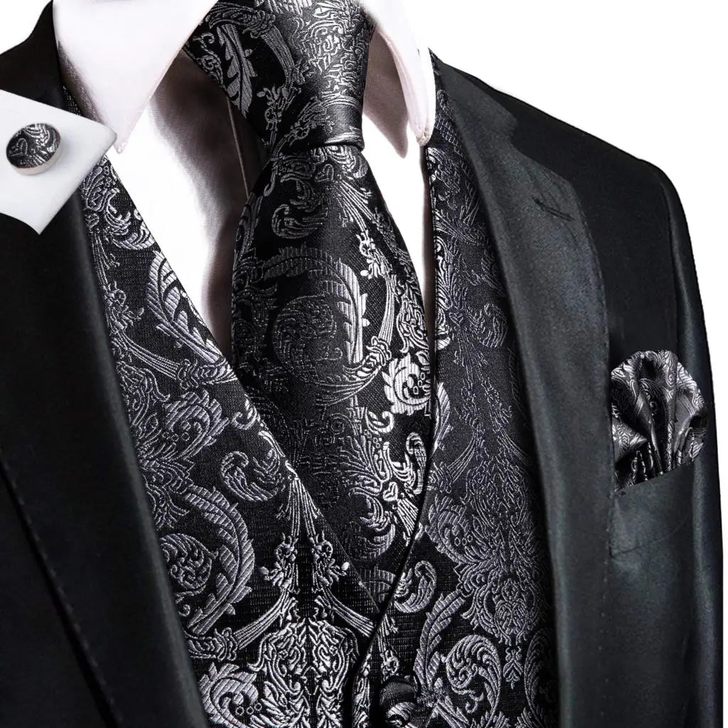 Jacquard Silk Mens Waistcoat Tie Set Sleeveless Jacket Necktie Hanky Cufflinks Suit Gold Blue Black Vest Wedding Business