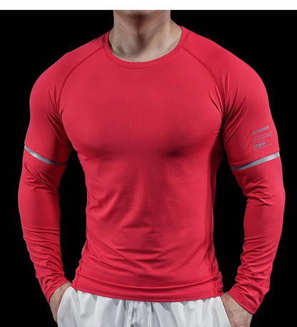 Autumn New Men's Sports Gym Fitness Clothes Reflective Strips Round Neck Training Long-sleeved T-shirt Running Slim Breathable