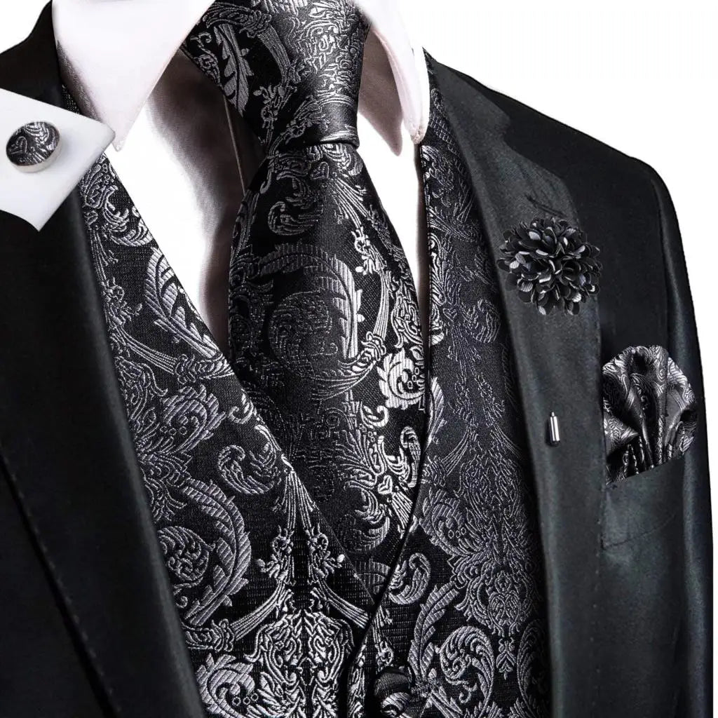 High Quality Silk Mens Vests Champagne Paisley Waistcoat Neck Tie Hanky Cufflinks Brooch Set for Men Suit Wedding Office
