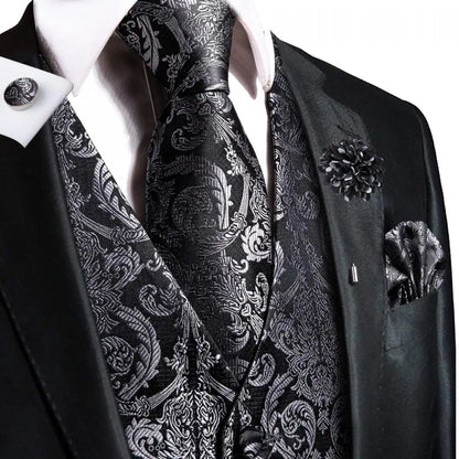 High Quality Silk Mens Vests Champagne Paisley Waistcoat Neck Tie Hanky Cufflinks Brooch Set for Men Suit Wedding Office