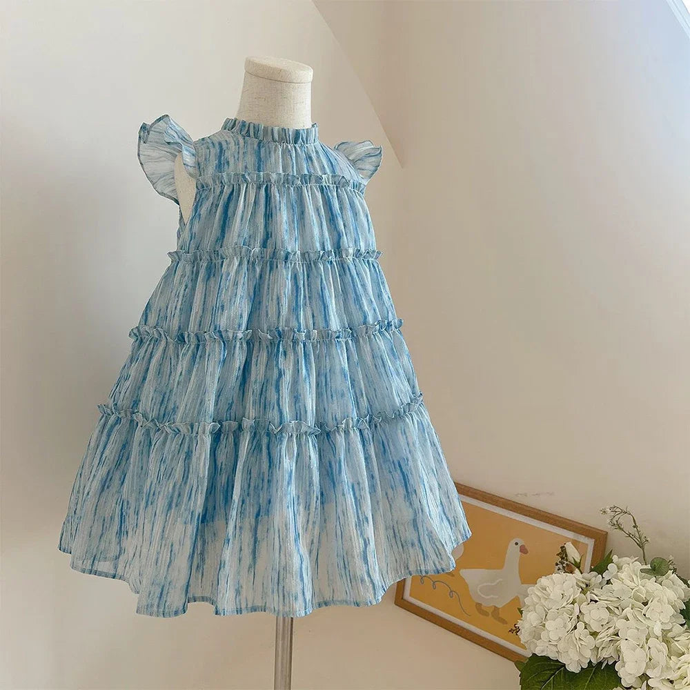 Summer 2-7 Years Girls Korean Version Cute Casual Sleeveless O-Neck A-Line Princess Dress 1 Pc Kids Party Fashion Sweet Clothes