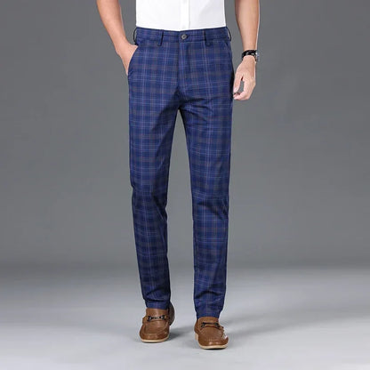 2024 Summer Classic Simple Straight Casual Pants for Men Personalized Checkered Versatile Stretch Business Casual Slim Trousers