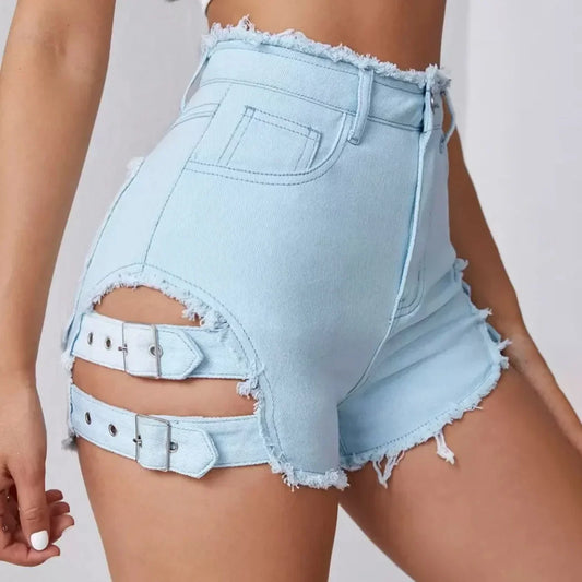 2026 Summer Hot High Waisted Street Style Girls' Ripped Denim Shorts with Rough Edges