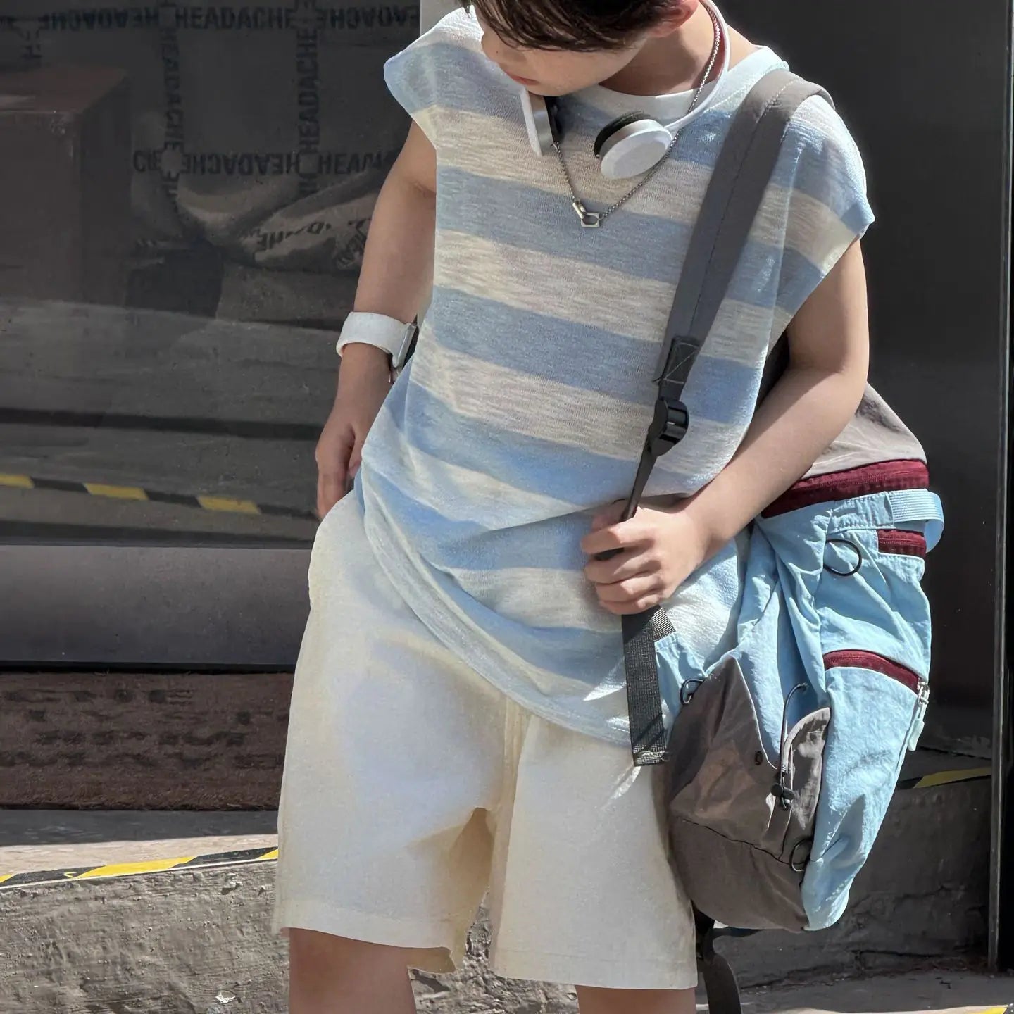 Breathable Lightweight Blue Striped Sleeveless Pure Cotton Shorts Kids Boy Clothes Set Cartoon Children's Fashion Korean Boys'
