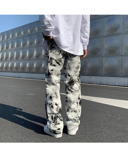 Printed Jeans Unisex Elastic Waist Spring 2025 Mopping Trousers Jeans Mens Fashion Korean Style High Street Loose Hip Hop Pants
