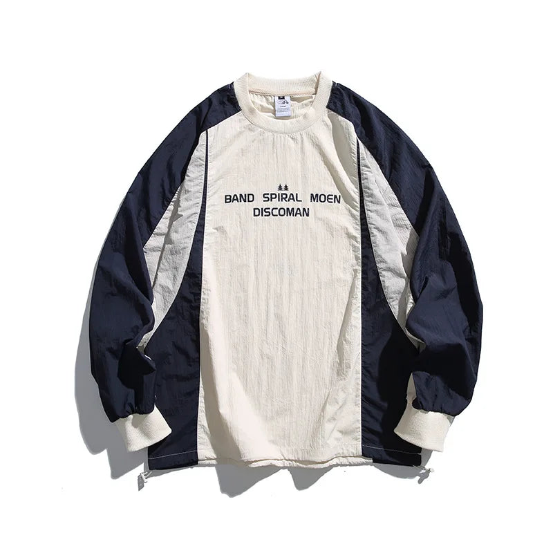 Japanese-inspired Color-blocked Crew Neck Sweatshirt with Patchwork Design: Men's Spring/Autumn Outdoor Leisure