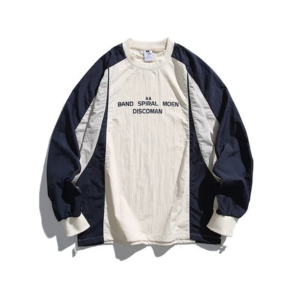 Japanese-inspired Color-blocked Crew Neck Sweatshirt with Patchwork Design: Men's Spring/Autumn Outdoor Leisure