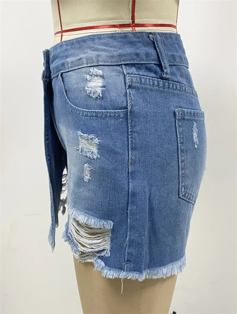 New Summer New Women Ripped Repaired Denim Shorts High Waist Bodycon Distressed Hole Bottoms Casual Pockets Sexy Short Jeans