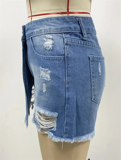 New Summer New Women Ripped Repaired Denim Shorts High Waist Bodycon Distressed Hole Bottoms Casual Pockets Sexy Short Jeans