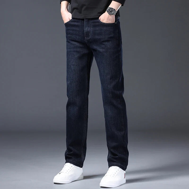 Classic Straight Men's Jeans Spring Slightly Thick Elastic Casual Office Business Trousers Fashion Comfort Washed Denim Pants