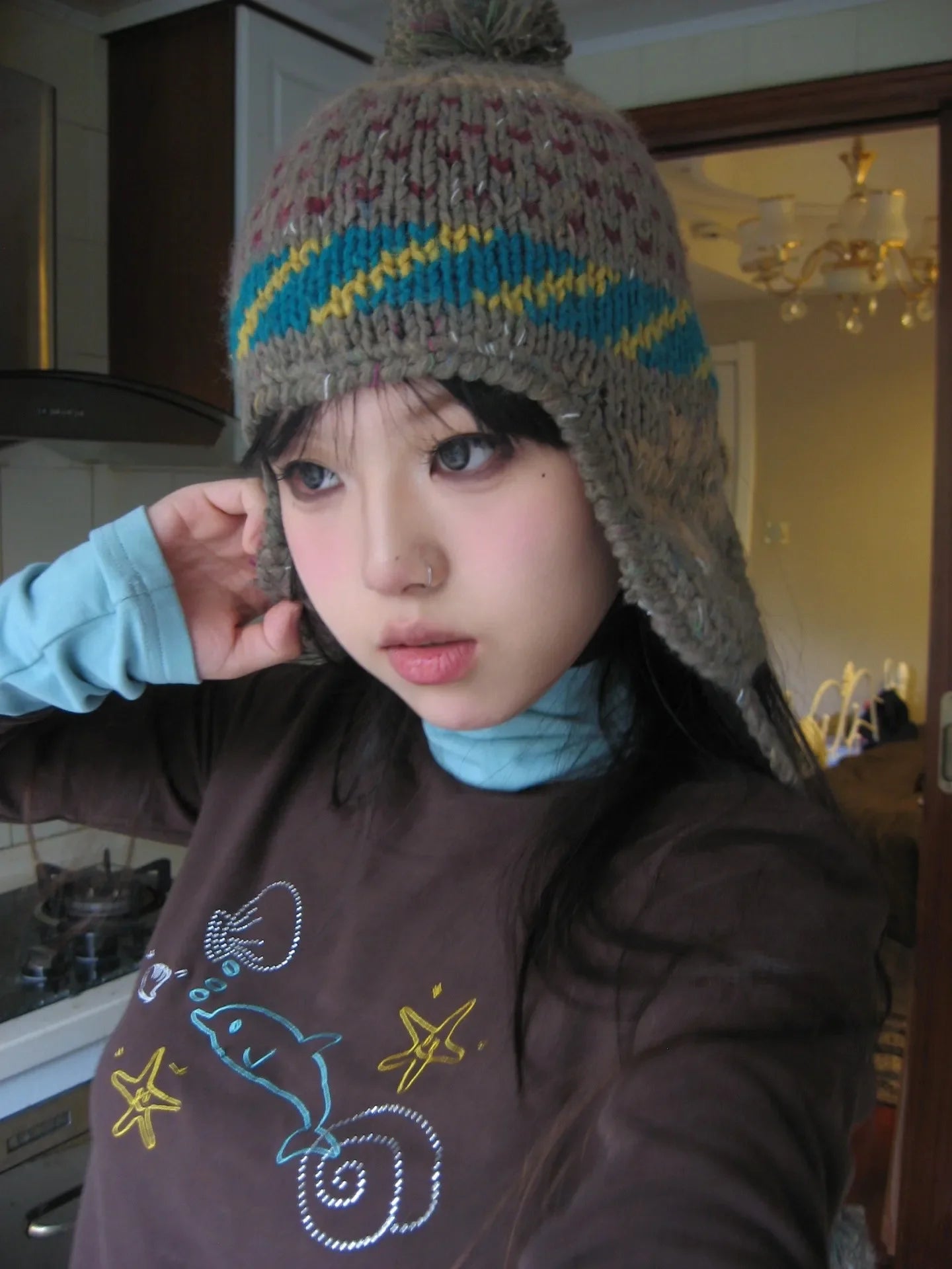 Karrram Japanese Y2k Turtleneck T-shirt Grunge Aesthetics Patchwork Tops Vintage Diamond Print Long Sleeve Tshirt Harajuku 2000s
