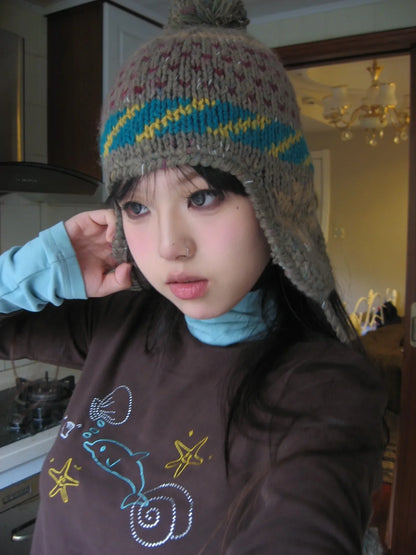 Karrram Japanese Y2k Turtleneck T-shirt Grunge Aesthetics Patchwork Tops Vintage Diamond Print Long Sleeve Tshirt Harajuku 2000s