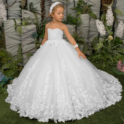 Customized Flower Girl Dress Light Champagne Pearls Floral Appliques Long Sleeve For Wedding Birthday Prom Holy Communion Gown