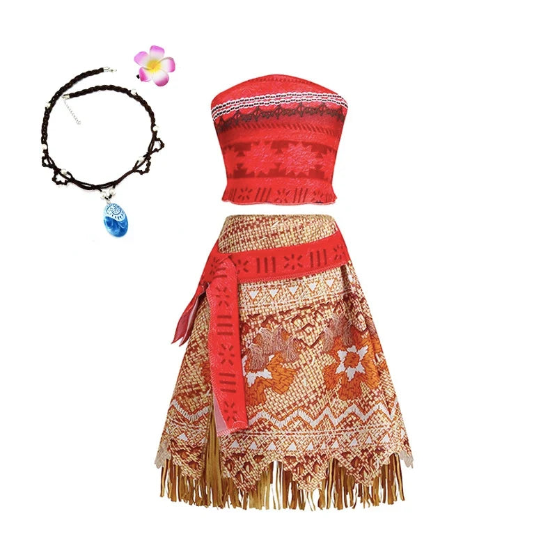 Girls Moana Princess Dress for Kids Carnival Cosplay Vaiana Costume Children Birthday Party Headwear Necklace Flower Clothes Set