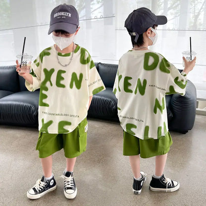 Printed Short Sleeve Children's Boy's Clothing Summer Suit Set Tees Tracksuit T-shirts Boy´s Elementary Student Men's Clothes