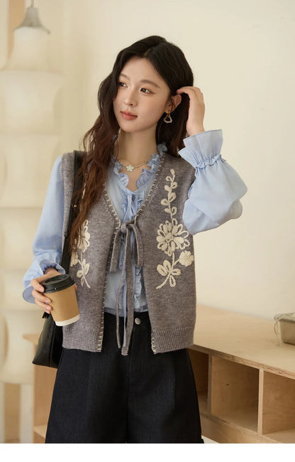 100% Lyocell Women's Blue Shirt 2025 Autumn French Ruffles Long Sleeves Ties Blouse Office Lady Elegant Top MXE45X2484