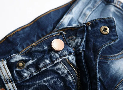 Zipper Pocket Retro Nostalgic Jeans Men's New Style High Street Motorcycle Fashion Stretch Slim Straight Denim Trousers Male