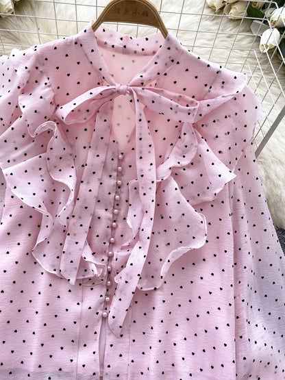 French Sweet Long Sleeved Blouse Women's Clothing Spring Autumn Bow Ruffle Edge Polka Dot Printed Chiffon Shirt Top C42