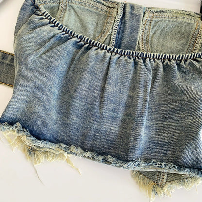 Vintage Denim Strapless Camis Backless Irregular Raw Hem Slim Distressed Crop Top Ladies Sashes Sexy Club Lingerie Top