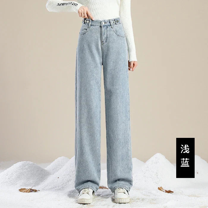 Winter Thick Warm Womens High Waist Jeans Fleece Lined Loose Fit Wide Leg Trousers Korean Style Stretchy Adjustable Waist  Jeans