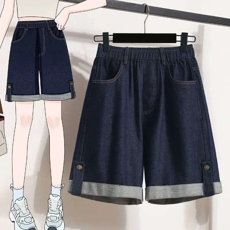 Women Denim Shorts 2026 New Summer Elastic High Waisted Jeans Ice Silk Wide-leg Pants Ladies Loose Solid Cowboy Shorts Size 5XL