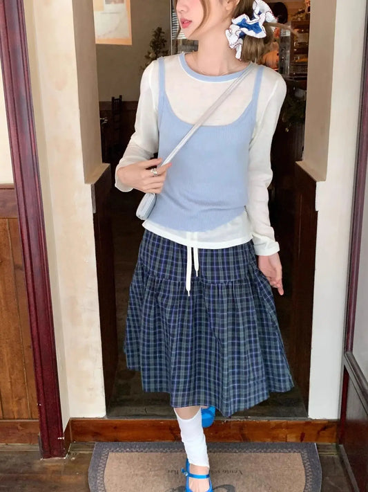 Sweet Vintage Plaid Striped Print Skirt Women High Waist Pleated Korean Style Skirt Korean Fashion Cute Skirt Woman