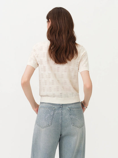 2026 Summer Women's Textured Cut-out Round Neck Short Sleeve Knit Top Soft Lightweight Breathable Blouse Elegant Style