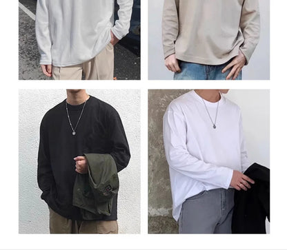 Men's 260G Long Sleeve T Shirts 2025 Spring Pure Cotton Solid Color Basic Crew-Neck Undershirt Men's Loose Tops 11 Color