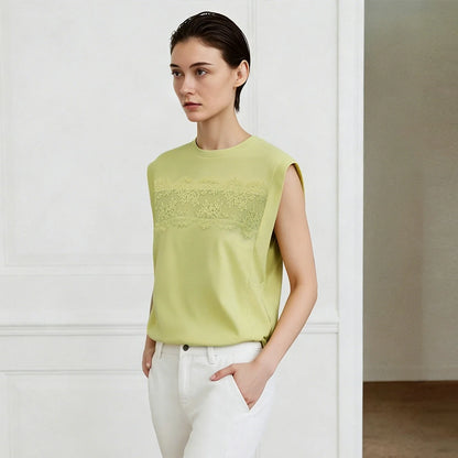 Women's Top 2026 Summer New Round Neck Lace Trim 100% Cotton Tank Tee Loose Casual Sleeveless T-Shirt For Women 12622139