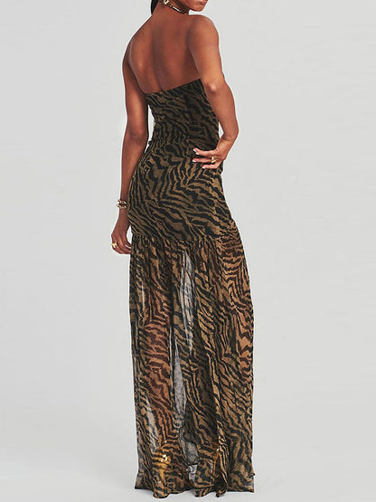 Women Tube Top Dress Slim Strapless Backless Mesh Patchwork Tropical Print High Slit Long Dress for Party Club Night