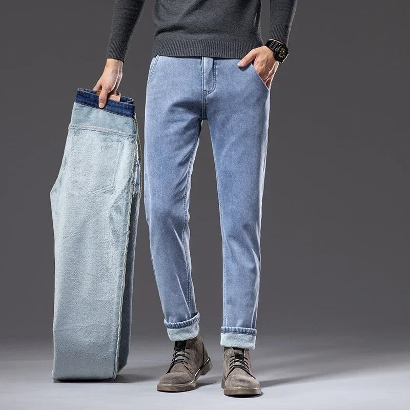 Winter Fleece Thick Warm Jeans Classic Brand Business Casual Men's Fitted Straight Stretch Mid-high Waist Denim Jeans