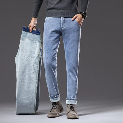 Winter Fleece Thick Warm Jeans Classic Brand Business Casual Men's Fitted Straight Stretch Mid-high Waist Denim Jeans
