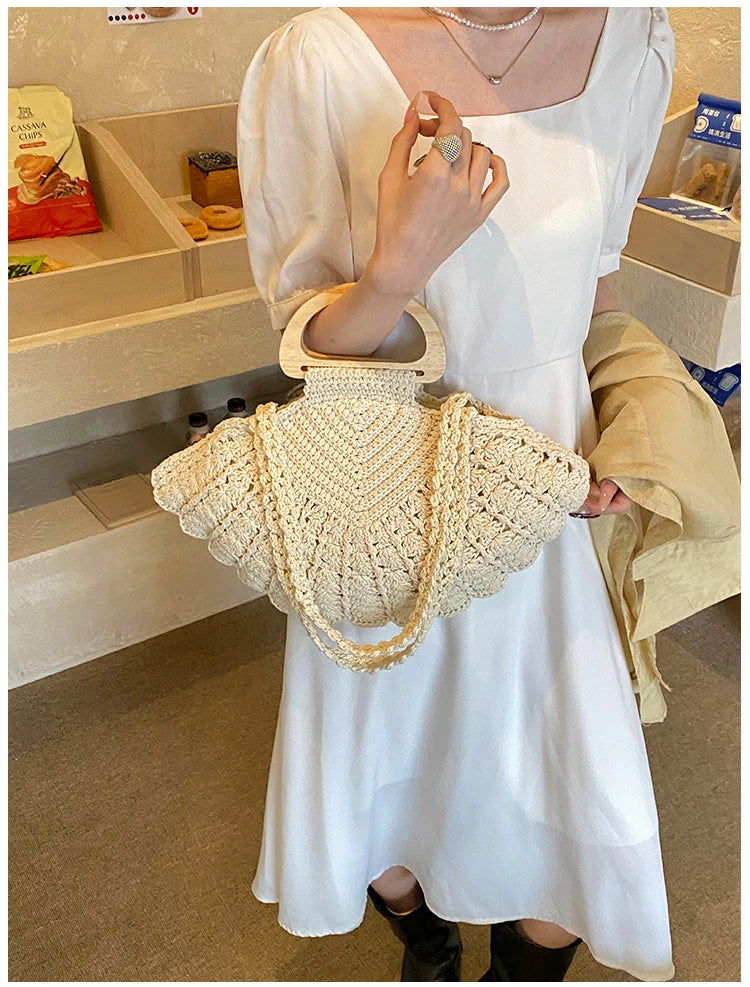 2026 New Retro Fan-shaped Crochet Woven Underarm Bag for Women Ins Style Seaside Vacation Versatile Wooden Handle Shoulder Bag