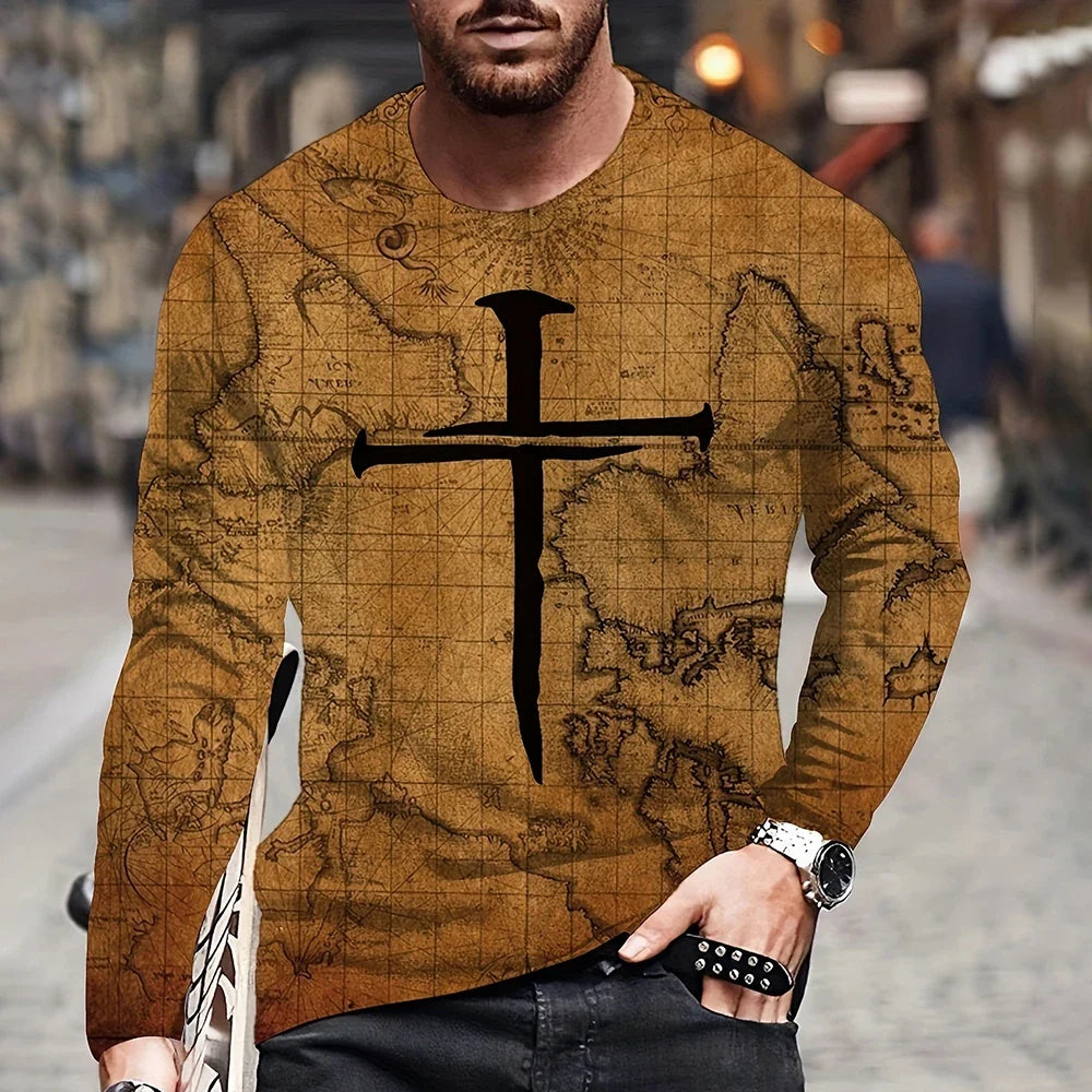 2023 Vintage Men's T Shirt Cotton Cross Pattern Long Sleeve 3D Clothing Nautical Map Print Street Harajuku Oversized