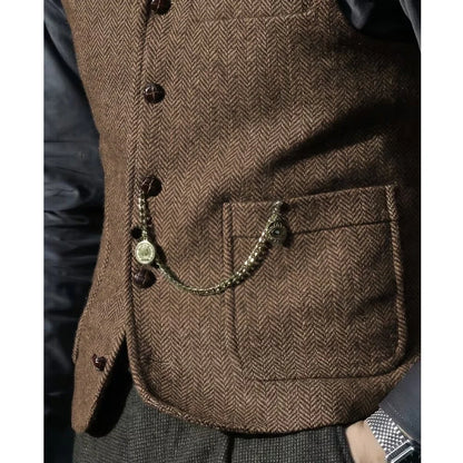 Men Vest Brown Herringbone With Lapel Single Breasted Waistcoat For Wedding Party Business Prom Work Daily Casual Men Suit Vest