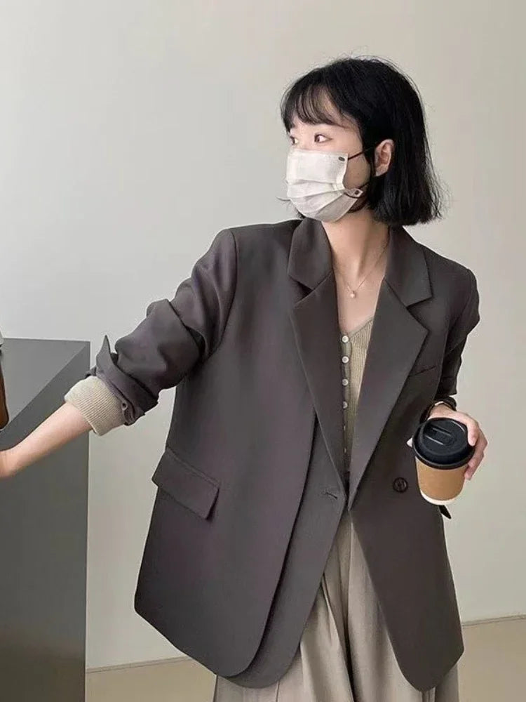 Spring Women Blazer Office Lady New Suits Female Vintage Breasted Jacket Casual Pockets Women's Suits Coat Blazers Suits