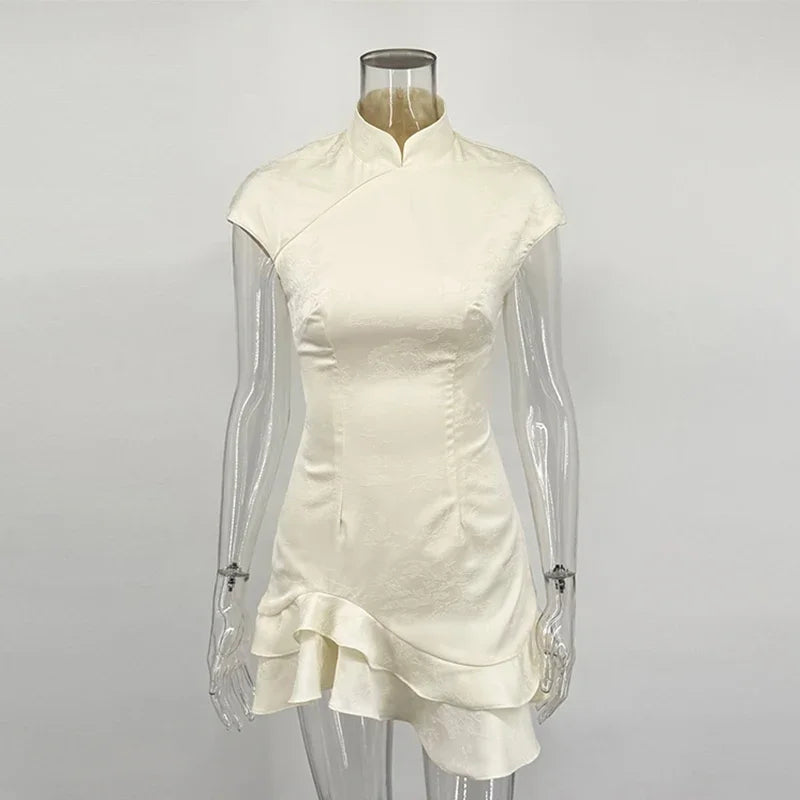 Women's Elegant Satin Evening Dress Fashion Stand Neck High Waist Slim Mini Dresses Party Sexy Short Sleeve Ruffle Dress
