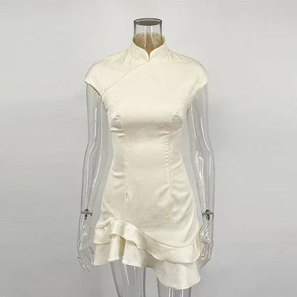 Women's Elegant Satin Evening Dress Fashion Stand Neck High Waist Slim Mini Dresses Party Sexy Short Sleeve Ruffle Dress