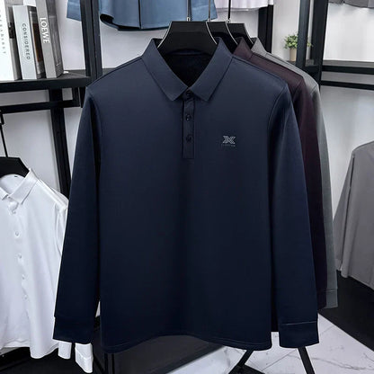 2025 Winter Men's Fashion New Collection with Velvet Long Sleeve T-shirt, Collar with Mulberry Silk and Wool Warmth POLO Sweater