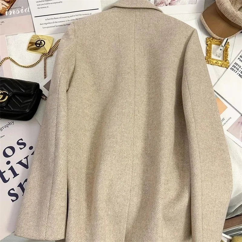 Fashion Woolen Suit Jacket Women's Vintage Blazers Double-breasted Office Coat Female Casual Outerwear Spring Autumn Streetwear