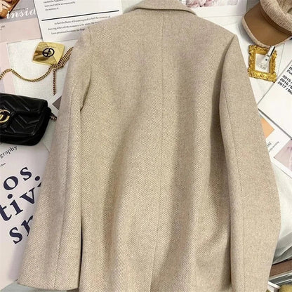 Fashion Woolen Suit Jacket Women's Vintage Blazers Double-breasted Office Coat Female Casual Outerwear Spring Autumn Streetwear