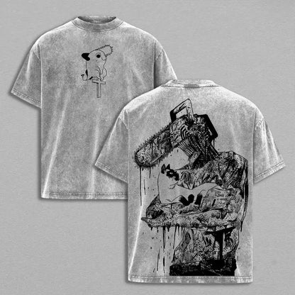 Anime Chainsaw Man Denji Pochita Graphic T Shirt Men Women Washed Cotton Tshirts Vintage Loose Clothing Harajuku Male T-shirt