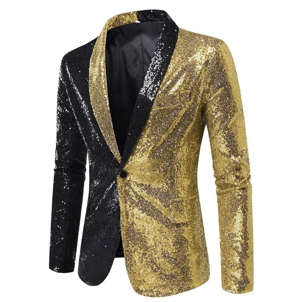 2026 Men's Suit Jacket, Shiny Sequin Stage Performance Coat, White Silver Blue Red Purple Blazers V-neck Single Button S-XXL