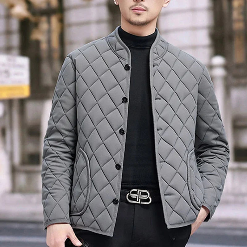 Mens Winter Jacket Windproof Thickened Padded Jacket Casual Diamond Warm Fleece Lined Coat Middle-Aged Dad's Solid Outdoor Wear