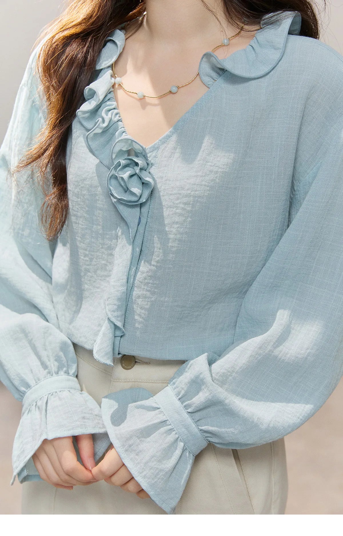 Women's Asymmetric Ruffled V-neck Shirt Spring Light Blue Floral Applique Ruffle Cuffs Top Elegant Loose Shirt MXF14C2448
